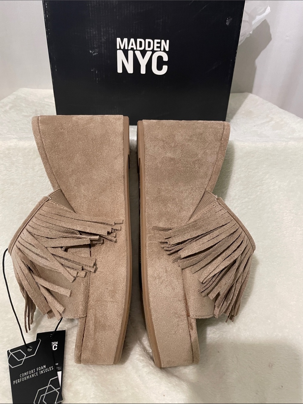 Madden NYC Women's Tan Suede BOHO Fringe Wedge Slides - Picture 5 of 16